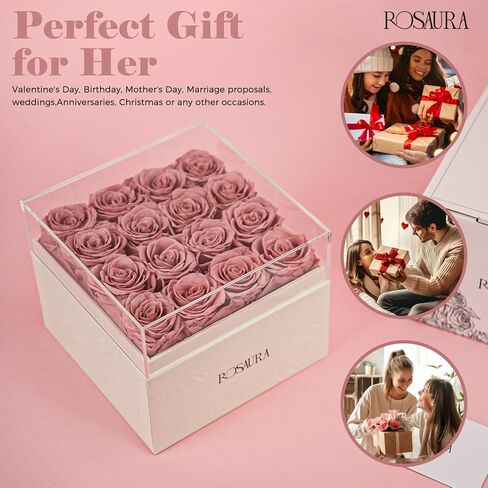 Rosaura Square Preserved Roses Gift Box - Real Forever Flowers in Clear Acrylic Lid, Valentine's for Women (Pink, 9 Roses) in Kuwait