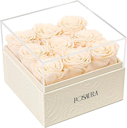 Rosaura Square Preserved Roses Gift Box - Real Forever Flowers in Clear Acrylic Lid, Valentine's for Women (Pink, 9 Roses) in Kuwait