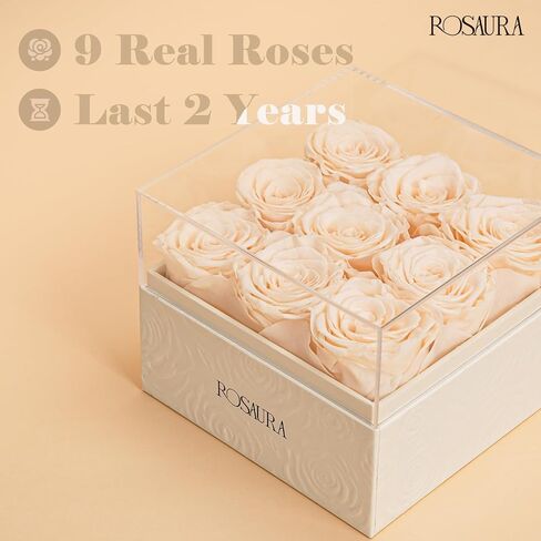 Rosaura Square Preserved Roses Gift Box - Real Forever Flowers in Clear Acrylic Lid, Valentine's for Women (Pink, 9 Roses) in Kuwait