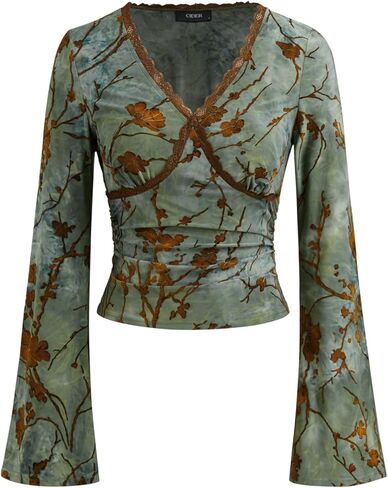 CIDER Going Out Tops for Women Floral Print Long Bell Sleeve V Neck Lace Trim Slim Fit Crop Top Fall Trendy in Saudi Arabia