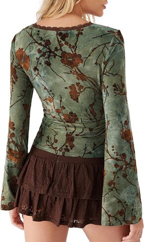CIDER Going Out Tops for Women Floral Print Long Bell Sleeve V Neck Lace Trim Slim Fit Crop Top Fall Trendy in Saudi Arabia