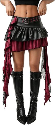 تنورة نسائية صغيرة منقوشة مكشكشة من SOLY HUX Y2k من جلد البولي يوريثان، تنانير منخفضة الارتفاع بطبقات غير متماثلة للخروج in Kuwait