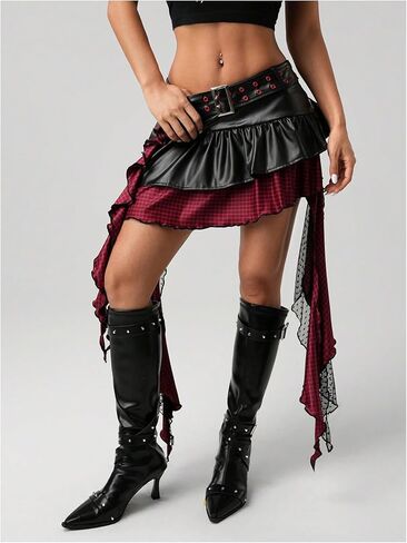 تنورة نسائية صغيرة منقوشة مكشكشة من SOLY HUX Y2k من جلد البولي يوريثان، تنانير منخفضة الارتفاع بطبقات غير متماثلة للخروج in Kuwait