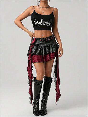 تنورة نسائية صغيرة منقوشة مكشكشة من SOLY HUX Y2k من جلد البولي يوريثان، تنانير منخفضة الارتفاع بطبقات غير متماثلة للخروج in Kuwait