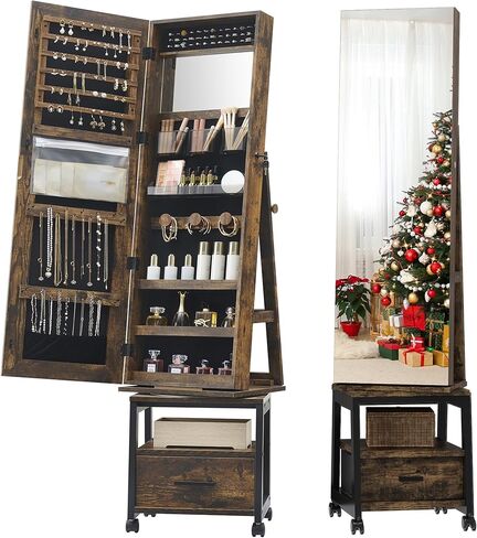 خزانة مجوهرات دوارة 360 درجة من GarveeHome، خزانة مجوهرات قائمة بذاتها مع درج، مرآة كاملة الطول قابلة للقفل مع أرفف تخزين خلفية، منظم خزانة مجوهرات، أبيض in Kuwait