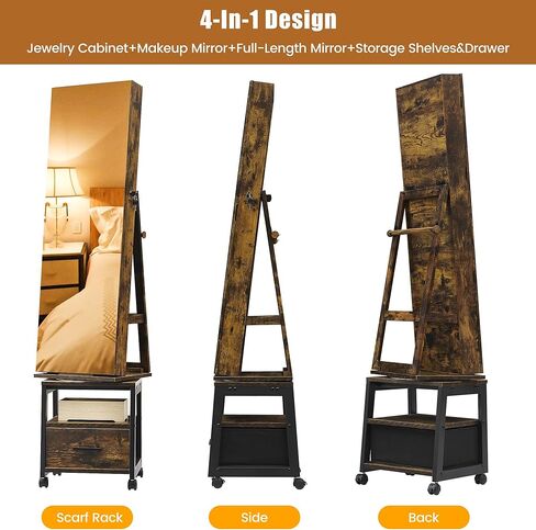 خزانة مجوهرات دوارة 360 درجة من GarveeHome، خزانة مجوهرات قائمة بذاتها مع درج، مرآة كاملة الطول قابلة للقفل مع أرفف تخزين خلفية، منظم خزانة مجوهرات، أبيض in Kuwait