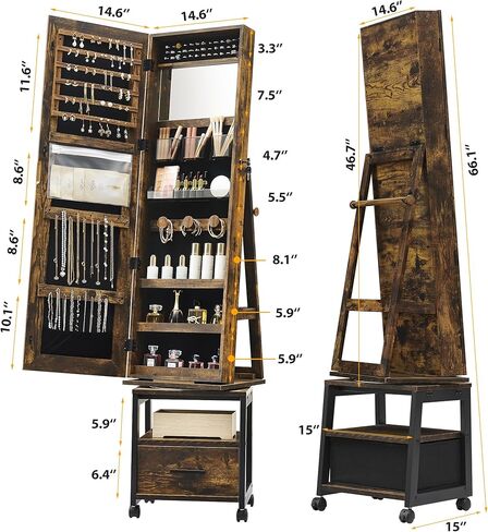 خزانة مجوهرات دوارة 360 درجة من GarveeHome، خزانة مجوهرات قائمة بذاتها مع درج، مرآة كاملة الطول قابلة للقفل مع أرفف تخزين خلفية، منظم خزانة مجوهرات، أبيض in Kuwait