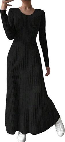 Women Long Sleeve Dresses V Neck Ribbed Knit Business Casual Stretchy Maxi Dress Fall Fashion Solid Color Sweater in Saudi Arabia