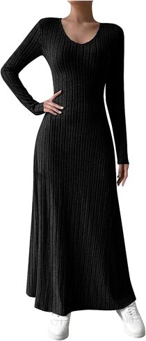Women Long Sleeve Dresses V Neck Ribbed Knit Business Casual Stretchy Maxi Dress Fall Fashion Solid Color Sweater in Saudi Arabia