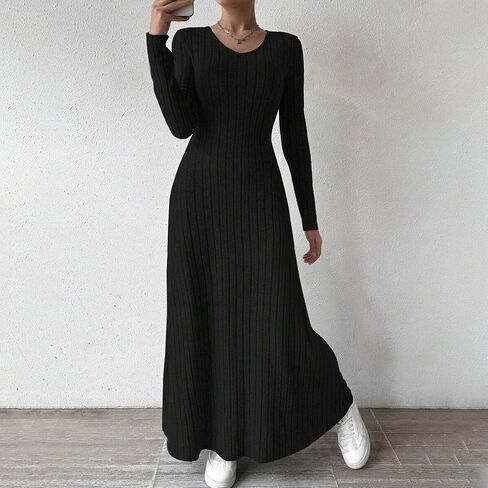 Women Long Sleeve Dresses V Neck Ribbed Knit Business Casual Stretchy Maxi Dress Fall Fashion Solid Color Sweater in Saudi Arabia