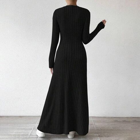 Women Long Sleeve Dresses V Neck Ribbed Knit Business Casual Stretchy Maxi Dress Fall Fashion Solid Color Sweater in Saudi Arabia