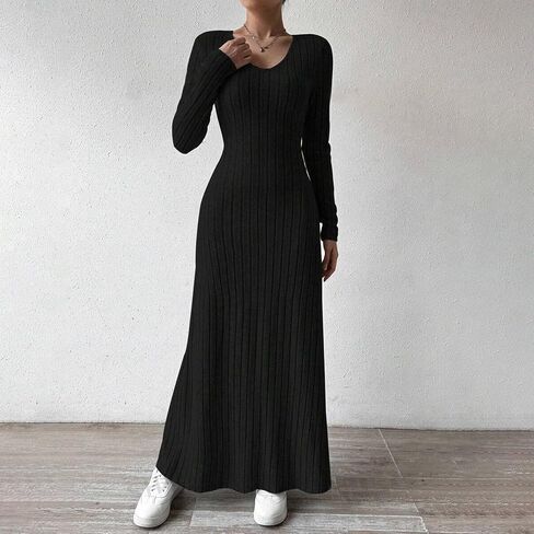 Women Long Sleeve Dresses V Neck Ribbed Knit Business Casual Stretchy Maxi Dress Fall Fashion Solid Color Sweater in Saudi Arabia