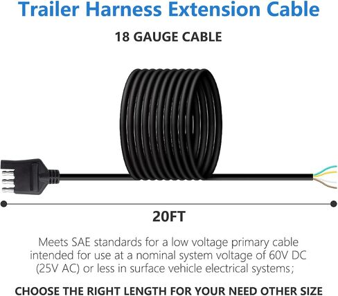 18 AWG 20FT 4 Wire Trailer Wiring Harness Kit 4 Pin Flat Male 4 Way Trailer Plug Pure Copper 18 Gauge Heavy Duty Jacket Cable Extension Connector Plug with Dust Cover in Kuwait