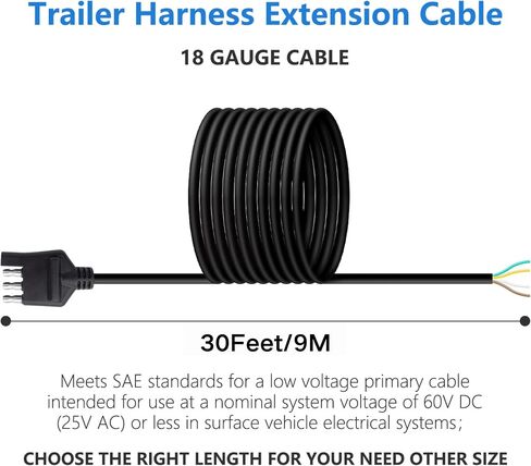 18 AWG 20FT 4 Wire Trailer Wiring Harness Kit 4 Pin Flat Male 4 Way Trailer Plug Pure Copper 18 Gauge Heavy Duty Jacket Cable Extension Connector Plug with Dust Cover in Kuwait