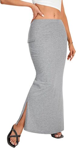 Rooscier Women's Side Split Hem Elastic High Waisted Bodycon Maxi Skirts with Pockets in Saudi Arabia