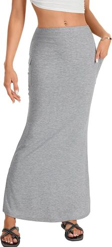 Rooscier Women's Side Split Hem Elastic High Waisted Bodycon Maxi Skirts with Pockets in Saudi Arabia