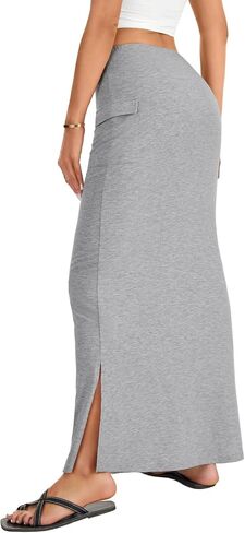 Rooscier Women's Side Split Hem Elastic High Waisted Bodycon Maxi Skirts with Pockets in Saudi Arabia