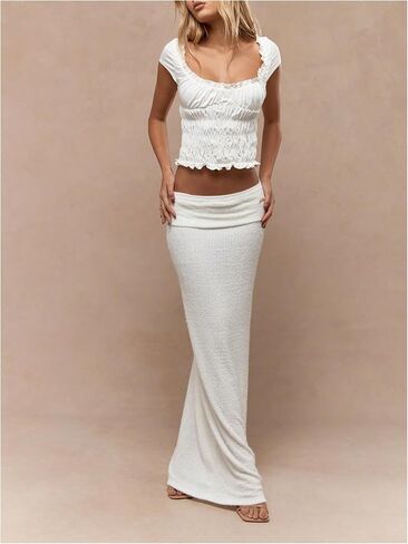 Milumia Women's Ribbed Knit Maxi Skirt Fold Over Floor Length Casual High Waist Long Skirts in Saudi Arabia
