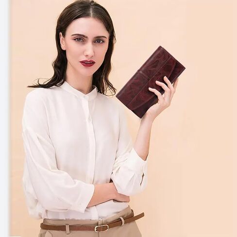 Large Capacity Genuine Leather Wallet for Women RFID Blocking Clutch with Zipper Pocket (Dark Burgundy) in Saudi Arabia