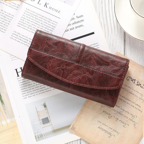 Large Capacity Genuine Leather Wallet for Women RFID Blocking Clutch with Zipper Pocket (Dark Burgundy) in Saudi Arabia