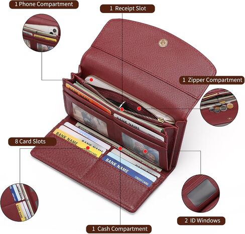 Large Capacity Genuine Leather Wallet for Women RFID Blocking Clutch with Zipper Pocket (Dark Burgundy) in Saudi Arabia