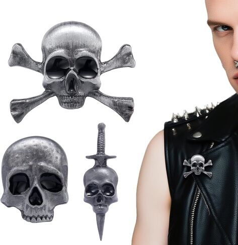 3Pcs Skull Head Pin Brooch, Vintage Antique Skull Lapel Pins, Gothic Skull Brooches Pin for Halloween, Style A in Kuwait