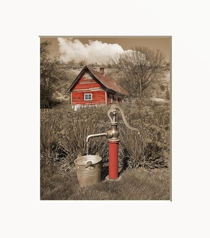 Farmhouse Wall Art, Red Beige Brown Rustic Country Bathroom Bedroom Matted Handmade Wall Art (Vintage Water Pump Farmouse) in Kuwait