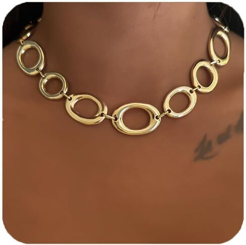 Chunky Gold Necklace for Women Dainty 18k Gold Plated Loop Chain Link Statement Choker Necklace Exaggerated Ethnic Big Statement Jewelry Gifts in Saudi Arabia