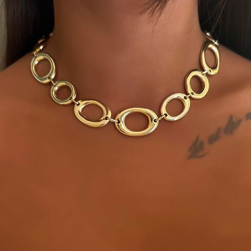 Chunky Gold Necklace for Women Dainty 18k Gold Plated Loop Chain Link Statement Choker Necklace Exaggerated Ethnic Big Statement Jewelry Gifts in Saudi Arabia