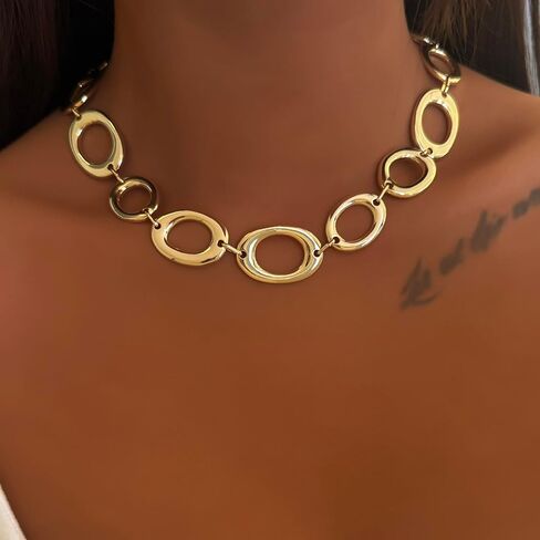 Chunky Gold Necklace for Women Dainty 18k Gold Plated Loop Chain Link Statement Choker Necklace Exaggerated Ethnic Big Statement Jewelry Gifts in Saudi Arabia