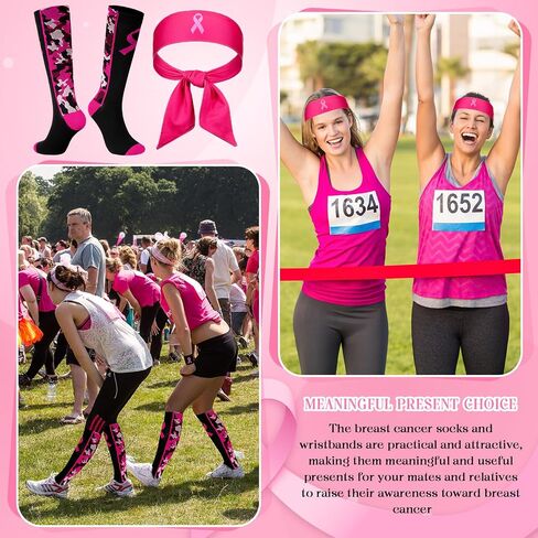 Breast Cancer Awareness Gift Pink Ribbon Socks Headbands Stickers for Women Youth Sports Running Tennis Yoga in Saudi Arabia
