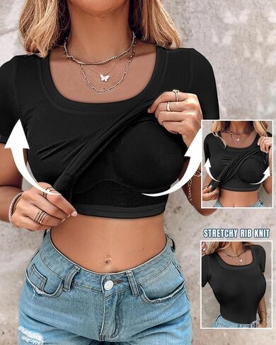 تي شيرت حريمي مدمج من CHICME بأكمام قصيرة ورقبة مربعة تي شيرت أساسي غير رسمي مضلع متماسك مناسب للخروج in Kuwait