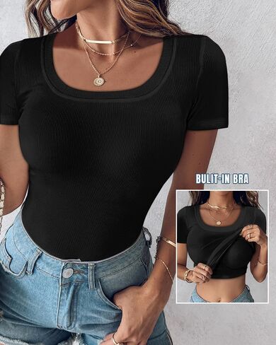 تي شيرت حريمي مدمج من CHICME بأكمام قصيرة ورقبة مربعة تي شيرت أساسي غير رسمي مضلع متماسك مناسب للخروج in Kuwait