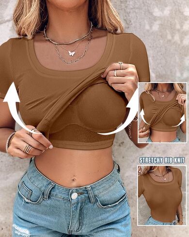 تي شيرت حريمي مدمج من CHICME بأكمام قصيرة ورقبة مربعة تي شيرت أساسي غير رسمي مضلع متماسك مناسب للخروج in Saudi Arabia