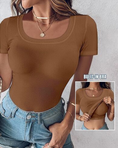 تي شيرت حريمي مدمج من CHICME بأكمام قصيرة ورقبة مربعة تي شيرت أساسي غير رسمي مضلع متماسك مناسب للخروج in Saudi Arabia