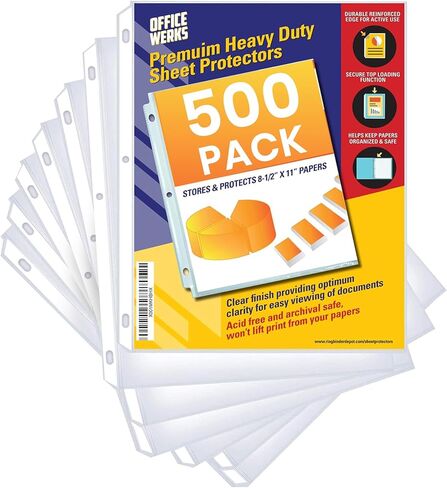 Office Werks 250 ورقة، واقيات صفحات شفافة شديدة التحمل مقاس 8.5 بوصة × 11 بوصة لـ 3 حلقات، أكمام بلاستيكية، ورق تحميل علوي متين مع فتحات معززة وآمنة للأرشفة in Kuwait