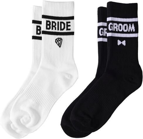 2 Pairs Wedding Socks for Couple, Soft Bride Bridal Groom Sock Newlywed Mr and Mrs Gift Decorations Married Engagement Wedding Anniversary for Women Men (Black, White) in Saudi Arabia