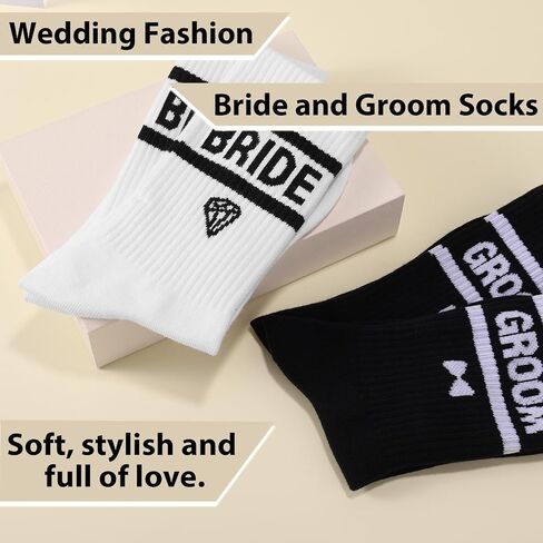 2 Pairs Wedding Socks for Couple, Soft Bride Bridal Groom Sock Newlywed Mr and Mrs Gift Decorations Married Engagement Wedding Anniversary for Women Men (Black, White) in Saudi Arabia