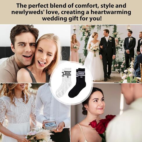 2 Pairs Wedding Socks for Couple, Soft Bride Bridal Groom Sock Newlywed Mr and Mrs Gift Decorations Married Engagement Wedding Anniversary for Women Men (Black, White) in Saudi Arabia