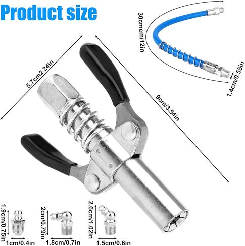 BOXOB Grease Gun Accessory Kit, Quick-Locking Grease Gun Connector Coupler with 12-Inch Double Handle Spring Hose & 3 Nozzles Tip 10000 PSI Rated Fits All 1/8" NPT Compatible with SAE Din Zerk in Saudi Arabia