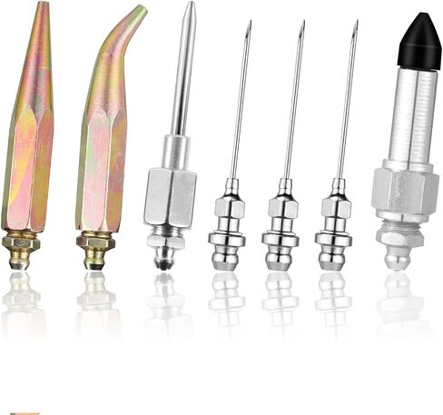 7pcs Grease Gun Needle Tip Kit, Including 3 Grease Gun Nozzles Bent & Straight Nipple Nozzle Rubber Nipple Adapter Coupler Needle Dispenser Fitting Accessory Kit Suitable for Tight Spaces in Saudi Arabia