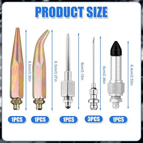 7pcs Grease Gun Needle Tip Kit, Including 3 Grease Gun Nozzles Bent & Straight Nipple Nozzle Rubber Nipple Adapter Coupler Needle Dispenser Fitting Accessory Kit Suitable for Tight Spaces in Saudi Arabia