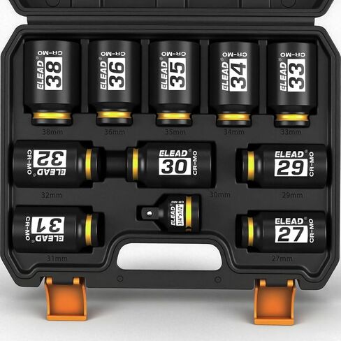 1/2'' Drive Deep Impact Socket Set: 11-Piece Metric Wheel Axle Nut Wrench Large Jumbo 27mm 29mm 30mm 31mm 32mm 33mm 34mm 35mm 36mm 38mm Car Spindle Joint High Torque Truck Bearing Locknut in Saudi Arabia