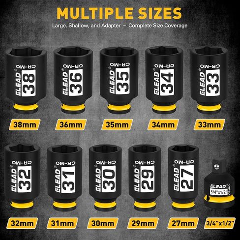 1/2'' Drive Deep Impact Socket Set: 11-Piece Metric Wheel Axle Nut Wrench Large Jumbo 27mm 29mm 30mm 31mm 32mm 33mm 34mm 35mm 36mm 38mm Car Spindle Joint High Torque Truck Bearing Locknut in Saudi Arabia