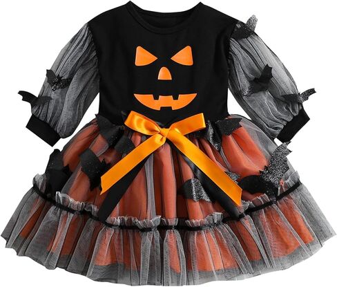 Toddler Baby Girl Halloween Costume Spider Witch Black Dress Long Sleeve Orange Tulle Tutu Skirt Cute Clothes in Saudi Arabia