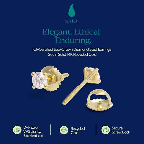 أقراط SARV 1/4-1 CTTW Solitaire Lab Grown Diamond للنساء من الذهب عيار 14 قيراط | 4 شقوق، قطع دائري ممتاز | لون D-F، وضوح VS-VVS | شهادة IGI 1 قيراط وأكثر | لا يسبب الحساسية | جاهز للهدايا in Saudi Arabia