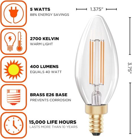 GoodBulb 40 Watt Equal – 5 Watt Crystal Clear E12 Chandelier LED – 90+ High CRI – Warm Incandescent Sparkle – 400 Lumens – 2700 Kelvin – Thick Filament - Long-Lasting 15,000 Hours (6 Pack) in Kuwait