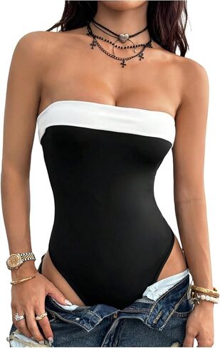 SOLY HUX Women's Strapless Tube Bodysuit Color Block Sleeveless Summer Bodysuits Tops in Saudi Arabia
