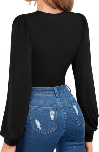 MANGOPOP Womens Bodysuit Long Sleeve V Neck Body Suit for Women Puff Sleeve Ribbed Bodysuits Shirts in Saudi Arabia