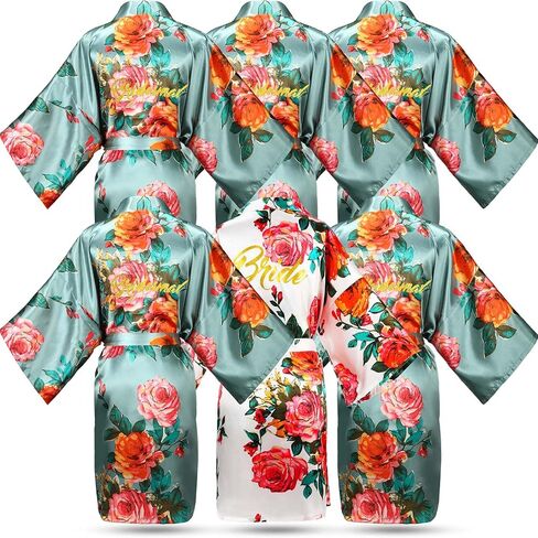 Coume 6 Set Bride Bridesmaid Robes Women's Floral Satin Kimono Robes Bridesmaid and Bridal Short Robe for Wedding Party(Greyish Green) in Saudi Arabia